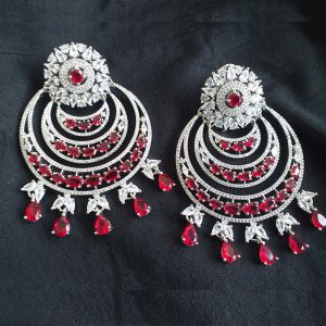 Deep Red American diamond Chand Bali Earrings - Image 1