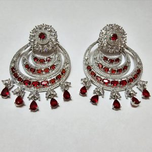 Deep Red American diamond Chand Bali Earrings - Image 2