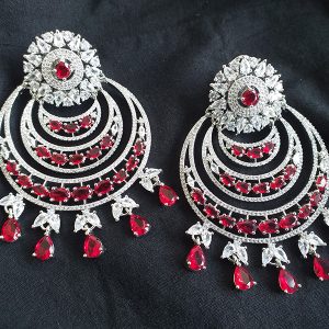 Deep Red American diamond Chand Bali Earrings - Image 1